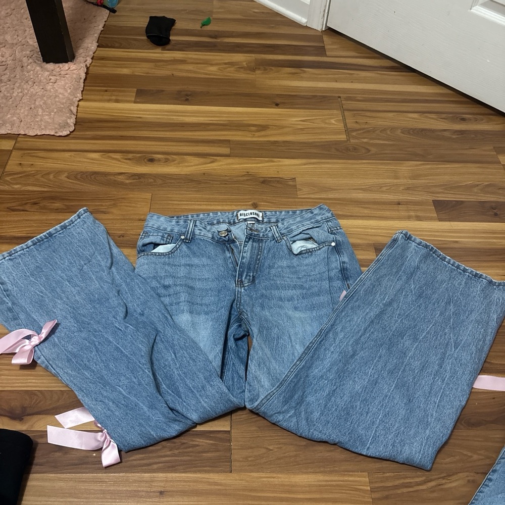 Classic Blue Straight Leg Jeans with Pink Accents